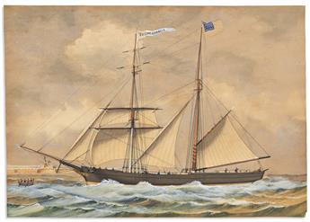 (MARITIME.) Watercolor of the brig Young America of Plymouth.